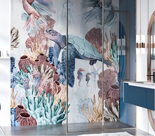 Seaworld wallpaper at bathroom area